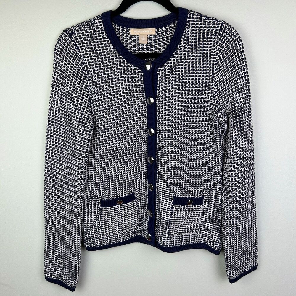 Banana Republic Navy & Black Knit Lady Jacket Cardigan Button Front Preppy sz S